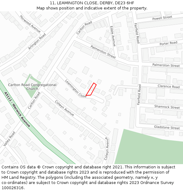 11, LEAMINGTON CLOSE, DERBY, DE23 6HF: Location map and indicative extent of plot