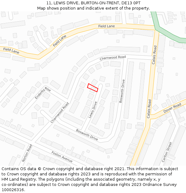 11, LEWIS DRIVE, BURTON-ON-TRENT, DE13 0PT: Location map and indicative extent of plot