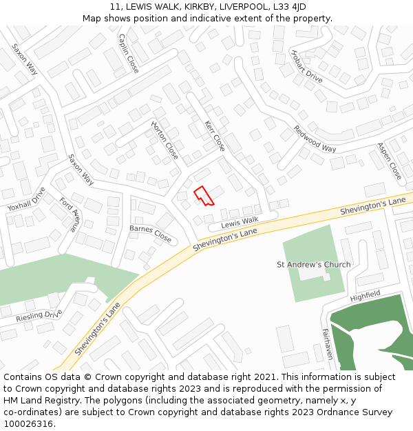 11, LEWIS WALK, KIRKBY, LIVERPOOL, L33 4JD: Location map and indicative extent of plot