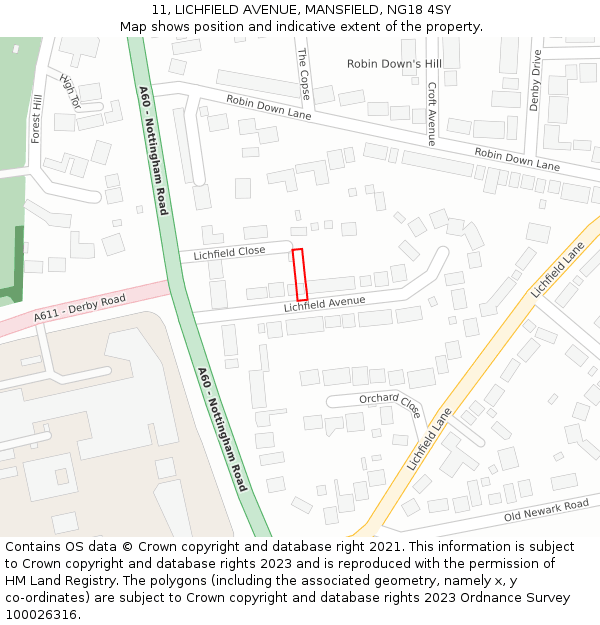 11, LICHFIELD AVENUE, MANSFIELD, NG18 4SY: Location map and indicative extent of plot