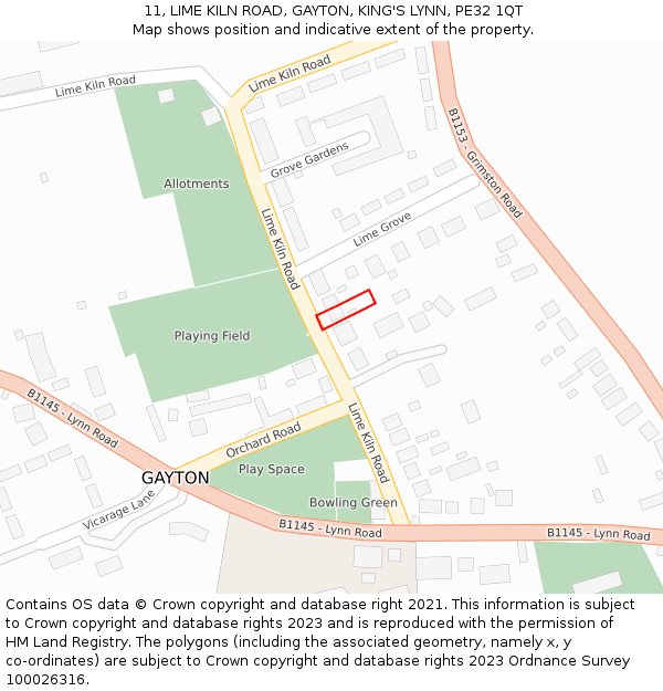 11, LIME KILN ROAD, GAYTON, KING'S LYNN, PE32 1QT: Location map and indicative extent of plot
