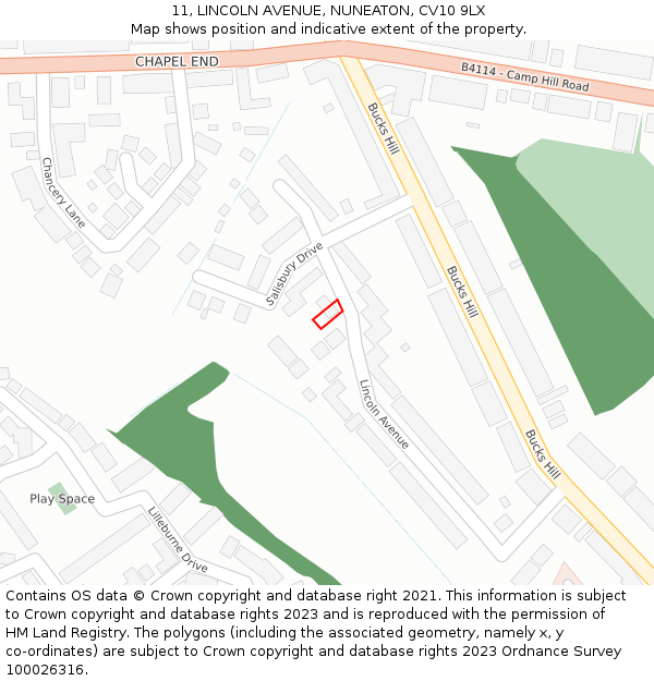 11, LINCOLN AVENUE, NUNEATON, CV10 9LX: Location map and indicative extent of plot