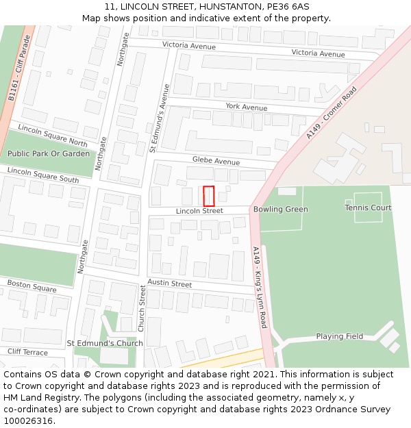 11, LINCOLN STREET, HUNSTANTON, PE36 6AS: Location map and indicative extent of plot
