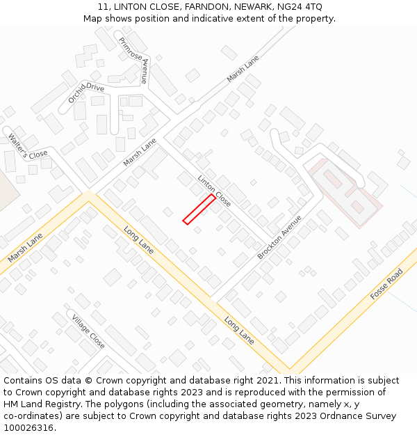 11, LINTON CLOSE, FARNDON, NEWARK, NG24 4TQ: Location map and indicative extent of plot