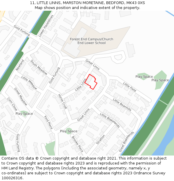 11, LITTLE LINNS, MARSTON MORETAINE, BEDFORD, MK43 0XS: Location map and indicative extent of plot