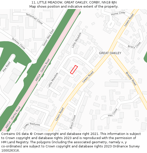 11, LITTLE MEADOW, GREAT OAKLEY, CORBY, NN18 8JN: Location map and indicative extent of plot