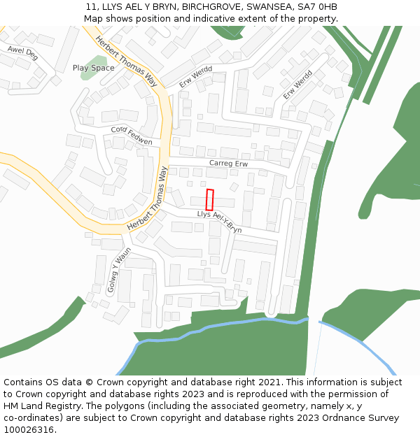 11, LLYS AEL Y BRYN, BIRCHGROVE, SWANSEA, SA7 0HB: Location map and indicative extent of plot