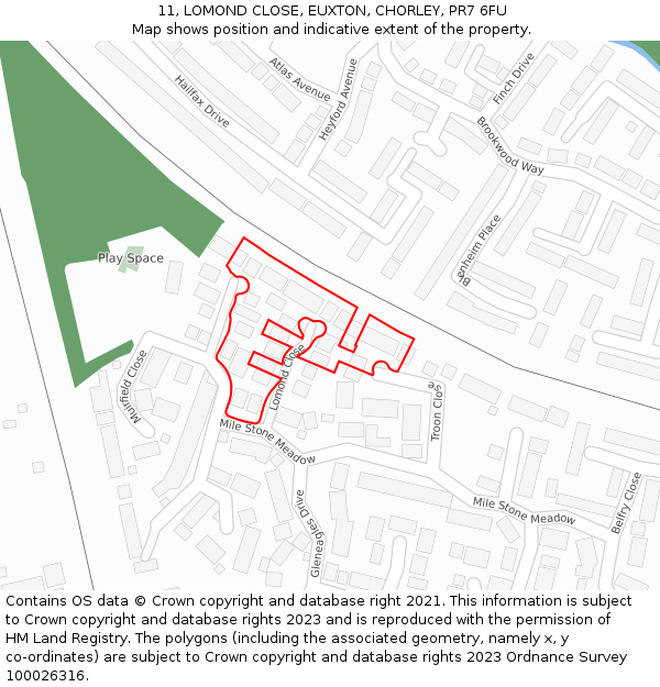 11, LOMOND CLOSE, EUXTON, CHORLEY, PR7 6FU: Location map and indicative extent of plot