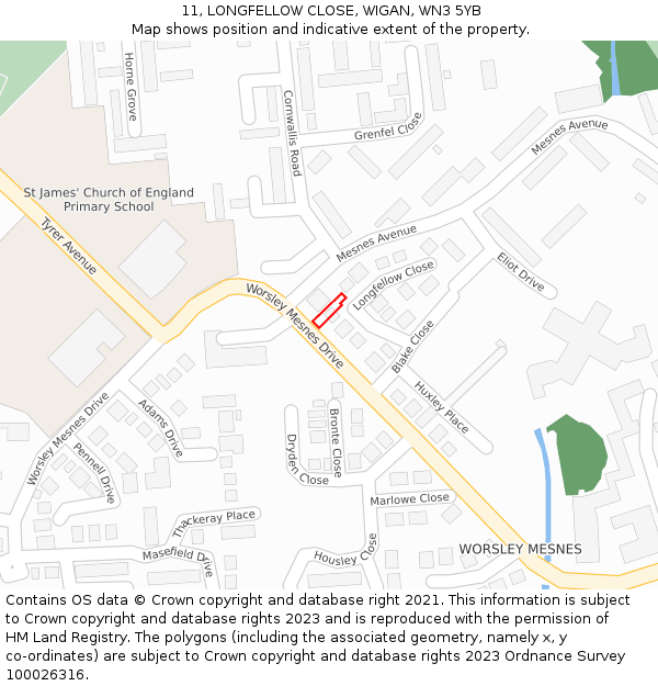 11, LONGFELLOW CLOSE, WIGAN, WN3 5YB: Location map and indicative extent of plot