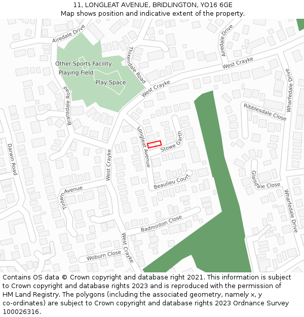 11, LONGLEAT AVENUE, BRIDLINGTON, YO16 6GE: Location map and indicative extent of plot