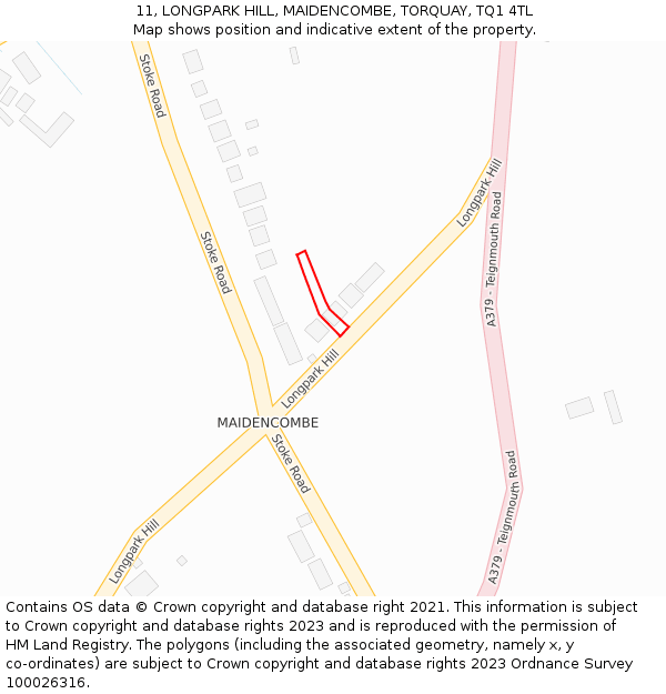 11, LONGPARK HILL, MAIDENCOMBE, TORQUAY, TQ1 4TL: Location map and indicative extent of plot