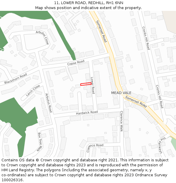 11, LOWER ROAD, REDHILL, RH1 6NN: Location map and indicative extent of plot