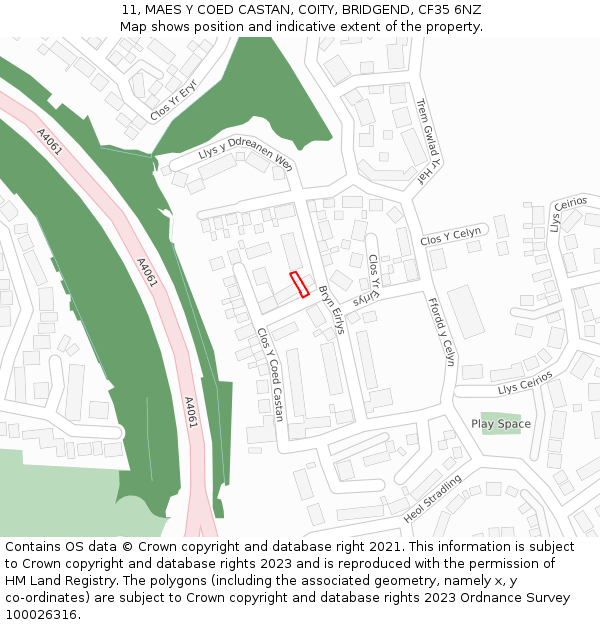 11, MAES Y COED CASTAN, COITY, BRIDGEND, CF35 6NZ: Location map and indicative extent of plot