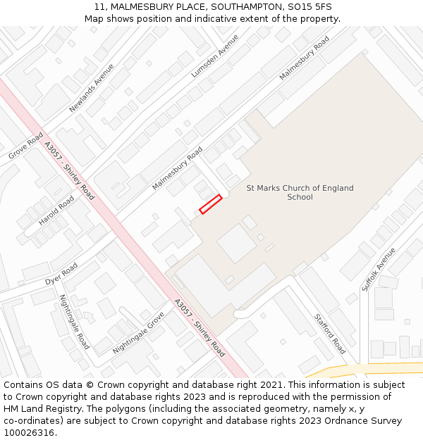 11, MALMESBURY PLACE, SOUTHAMPTON, SO15 5FS: Location map and indicative extent of plot