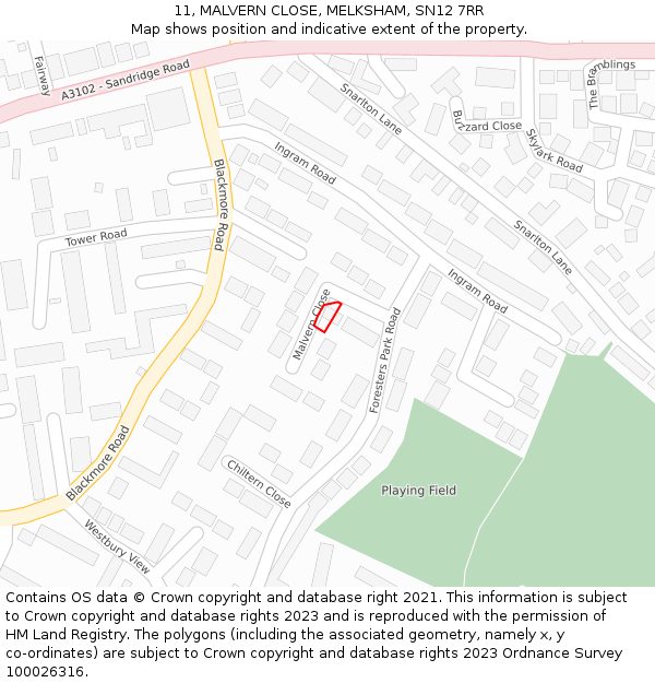 11, MALVERN CLOSE, MELKSHAM, SN12 7RR: Location map and indicative extent of plot