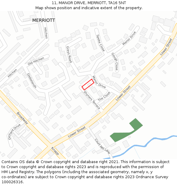 11, MANOR DRIVE, MERRIOTT, TA16 5NT: Location map and indicative extent of plot