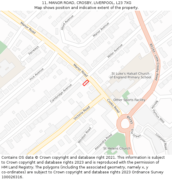 11, MANOR ROAD, CROSBY, LIVERPOOL, L23 7XG: Location map and indicative extent of plot
