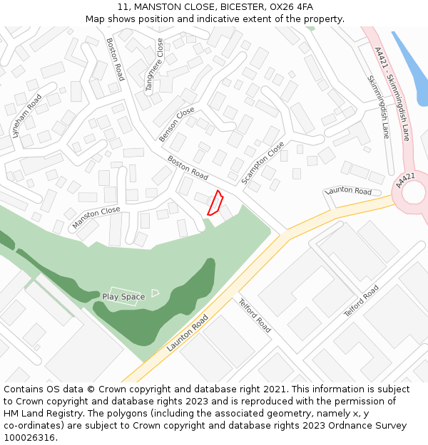 11, MANSTON CLOSE, BICESTER, OX26 4FA: Location map and indicative extent of plot