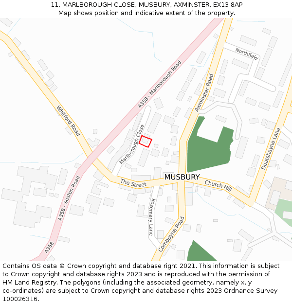 11, MARLBOROUGH CLOSE, MUSBURY, AXMINSTER, EX13 8AP: Location map and indicative extent of plot