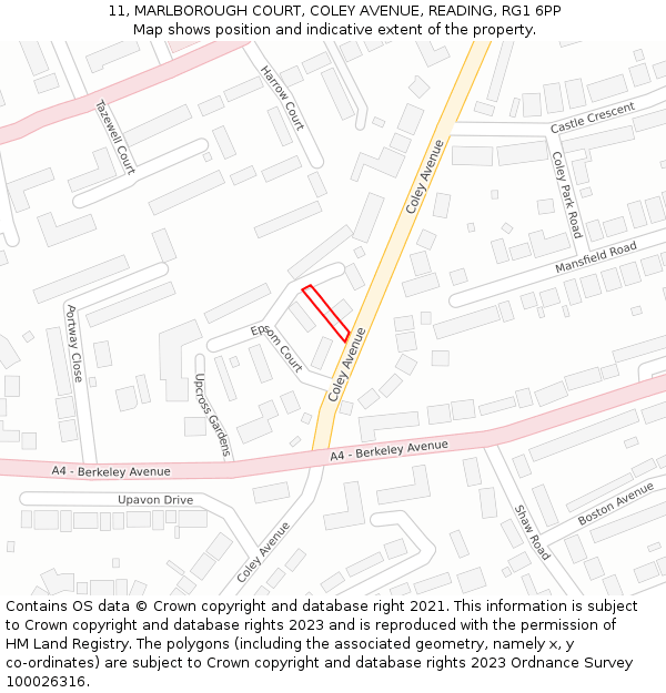 11, MARLBOROUGH COURT, COLEY AVENUE, READING, RG1 6PP: Location map and indicative extent of plot