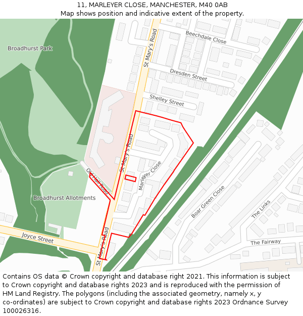 11, MARLEYER CLOSE, MANCHESTER, M40 0AB: Location map and indicative extent of plot