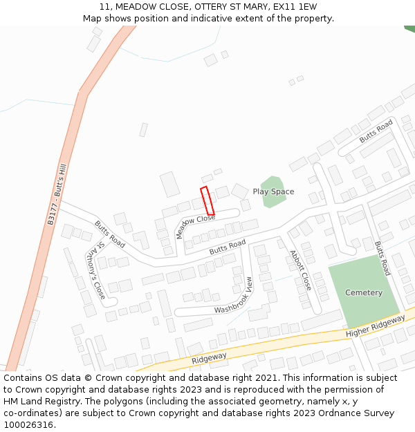 11, MEADOW CLOSE, OTTERY ST MARY, EX11 1EW: Location map and indicative extent of plot