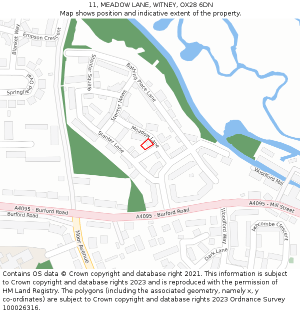 11, MEADOW LANE, WITNEY, OX28 6DN: Location map and indicative extent of plot