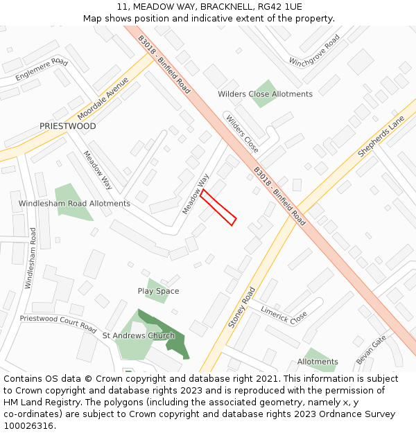 11, MEADOW WAY, BRACKNELL, RG42 1UE: Location map and indicative extent of plot