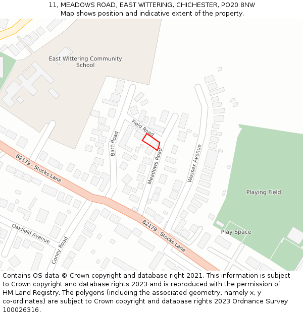 11, MEADOWS ROAD, EAST WITTERING, CHICHESTER, PO20 8NW: Location map and indicative extent of plot