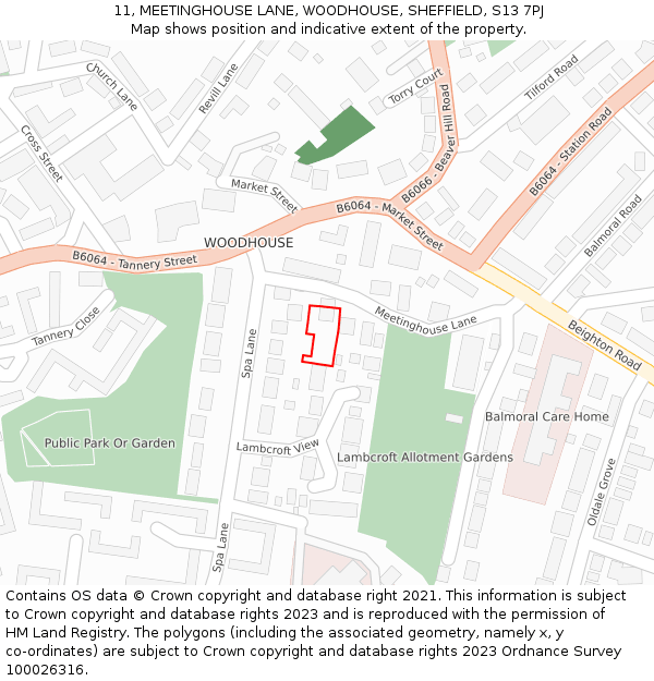 11, MEETINGHOUSE LANE, WOODHOUSE, SHEFFIELD, S13 7PJ: Location map and indicative extent of plot