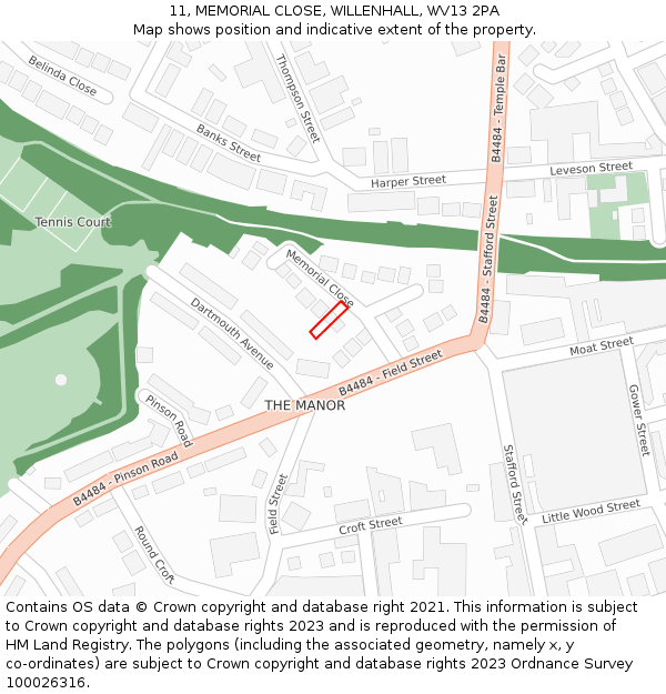 11, MEMORIAL CLOSE, WILLENHALL, WV13 2PA: Location map and indicative extent of plot
