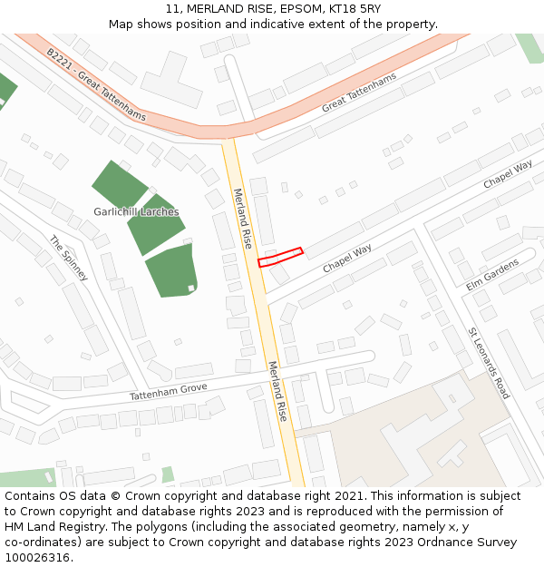 11, MERLAND RISE, EPSOM, KT18 5RY: Location map and indicative extent of plot