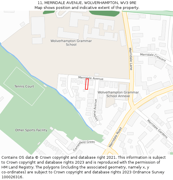 11, MERRIDALE AVENUE, WOLVERHAMPTON, WV3 9RE: Location map and indicative extent of plot