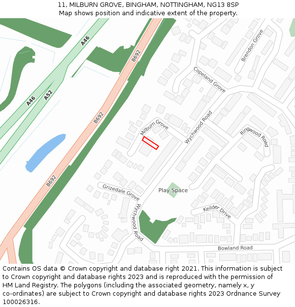 11, MILBURN GROVE, BINGHAM, NOTTINGHAM, NG13 8SP: Location map and indicative extent of plot