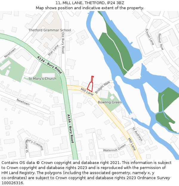 11, MILL LANE, THETFORD, IP24 3BZ: Location map and indicative extent of plot