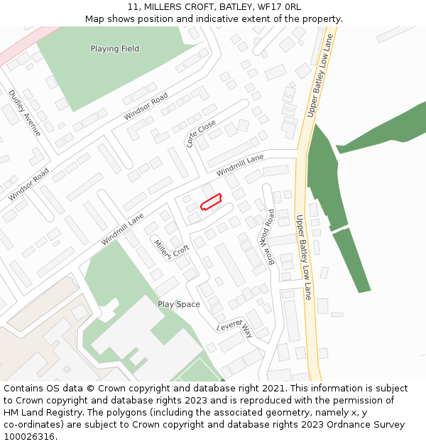 11, MILLERS CROFT, BATLEY, WF17 0RL: Location map and indicative extent of plot