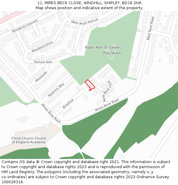 11, MIRES BECK CLOSE, WINDHILL, SHIPLEY, BD18 2NA: Location map and indicative extent of plot