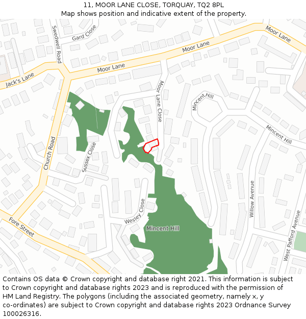 11, MOOR LANE CLOSE, TORQUAY, TQ2 8PL: Location map and indicative extent of plot