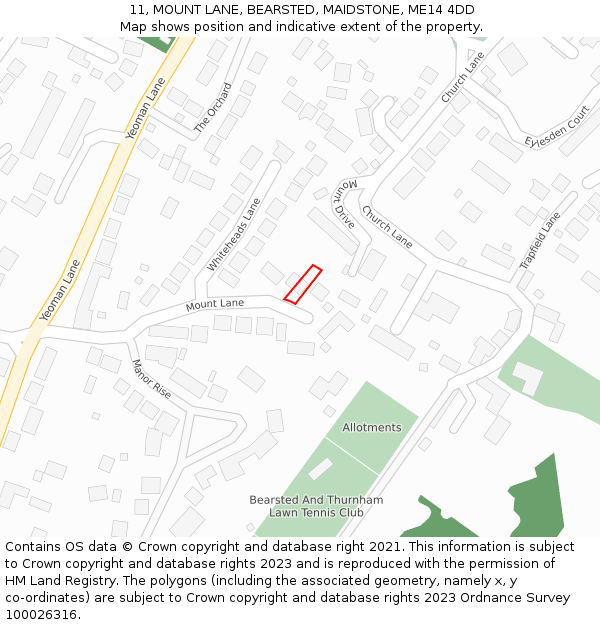 11, MOUNT LANE, BEARSTED, MAIDSTONE, ME14 4DD: Location map and indicative extent of plot