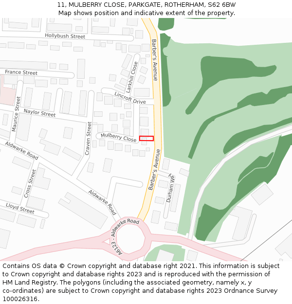 11, MULBERRY CLOSE, PARKGATE, ROTHERHAM, S62 6BW: Location map and indicative extent of plot