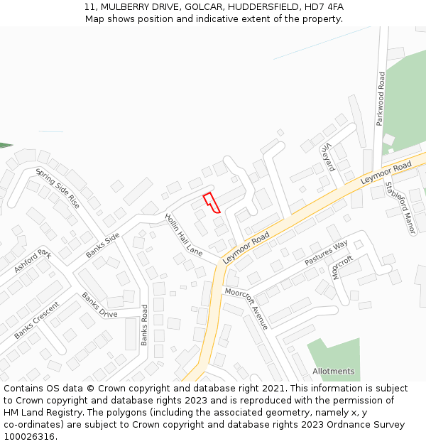 11, MULBERRY DRIVE, GOLCAR, HUDDERSFIELD, HD7 4FA: Location map and indicative extent of plot
