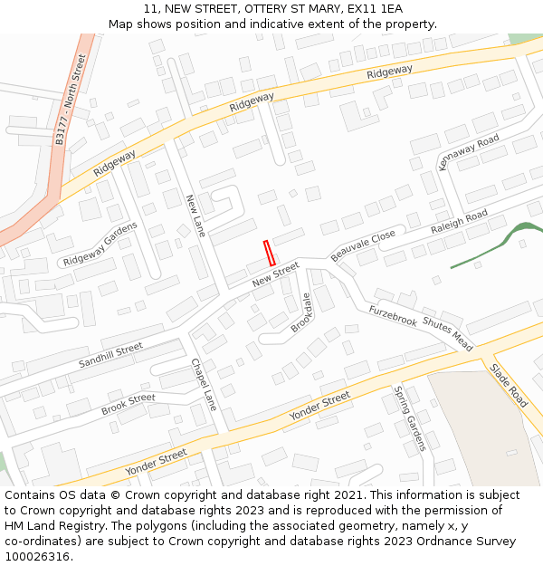 11, NEW STREET, OTTERY ST MARY, EX11 1EA: Location map and indicative extent of plot