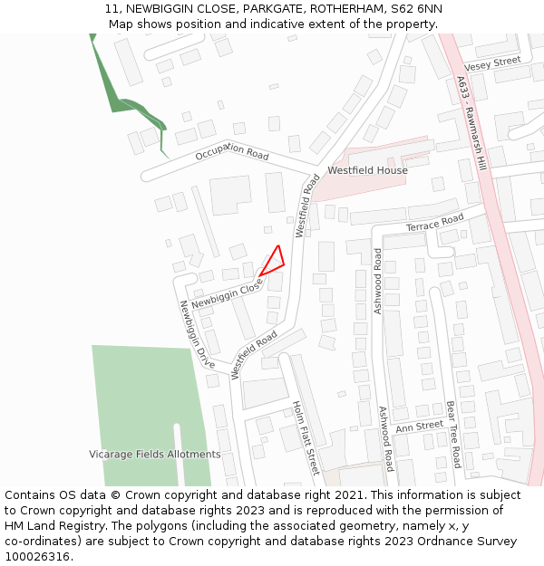 11, NEWBIGGIN CLOSE, PARKGATE, ROTHERHAM, S62 6NN: Location map and indicative extent of plot