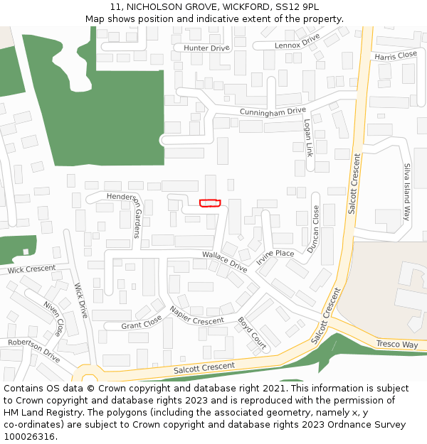 11, NICHOLSON GROVE, WICKFORD, SS12 9PL: Location map and indicative extent of plot