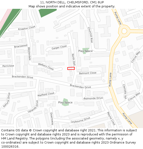 11, NORTH DELL, CHELMSFORD, CM1 6UP: Location map and indicative extent of plot