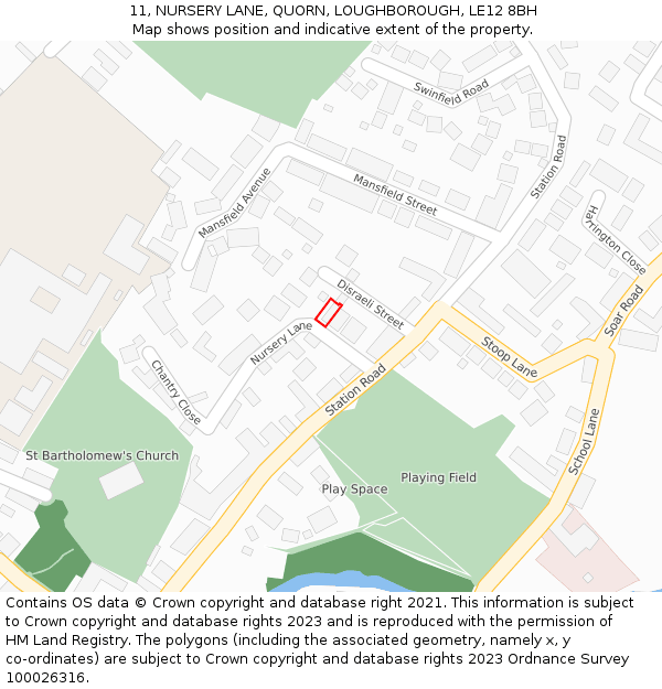 11, NURSERY LANE, QUORN, LOUGHBOROUGH, LE12 8BH: Location map and indicative extent of plot