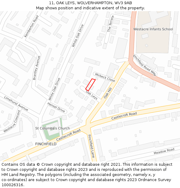 11, OAK LEYS, WOLVERHAMPTON, WV3 9AB: Location map and indicative extent of plot