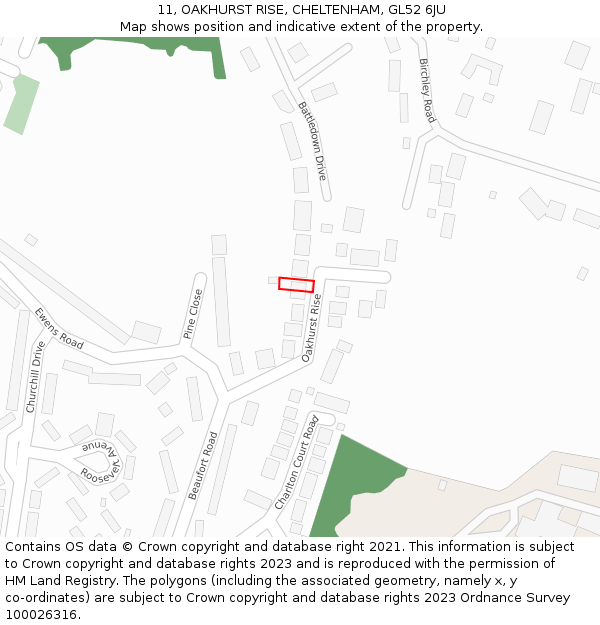 11, OAKHURST RISE, CHELTENHAM, GL52 6JU: Location map and indicative extent of plot