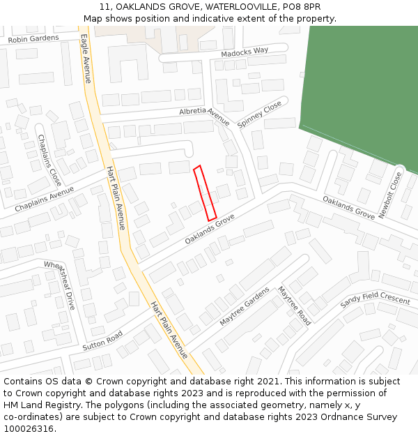 11, OAKLANDS GROVE, WATERLOOVILLE, PO8 8PR: Location map and indicative extent of plot
