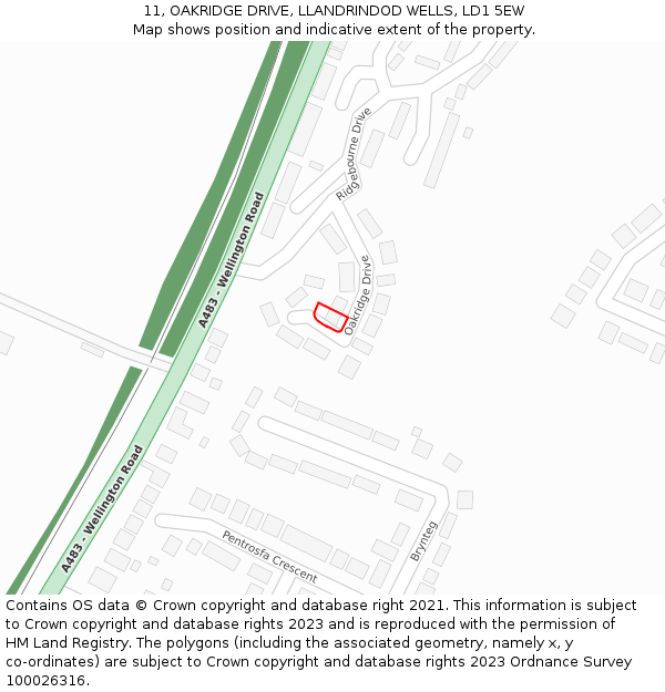 11, OAKRIDGE DRIVE, LLANDRINDOD WELLS, LD1 5EW: Location map and indicative extent of plot